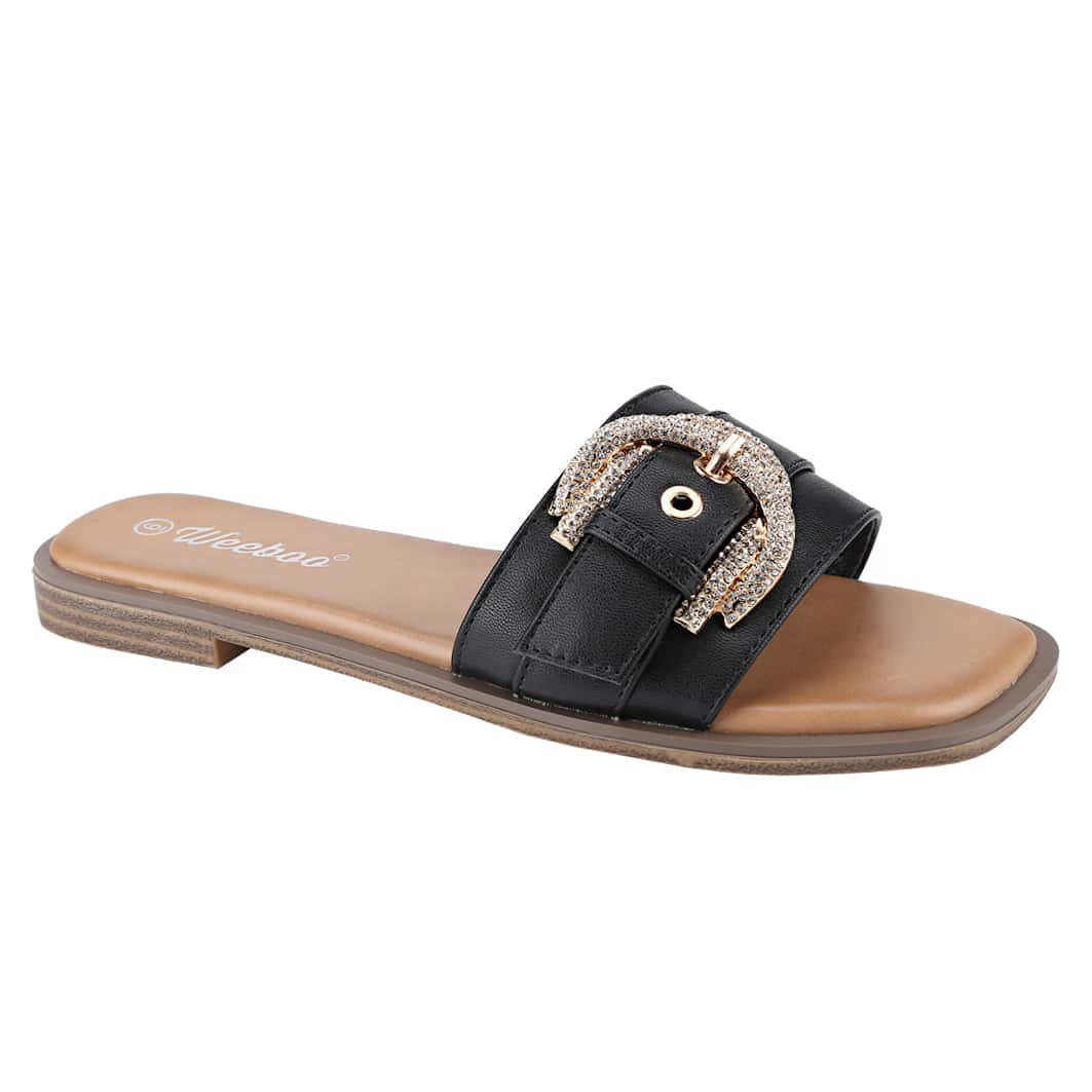 Women's Flat Sandals Fashion Square Open Toe Metal Chain Summer Dressy Sandals Slip On Casual Slides