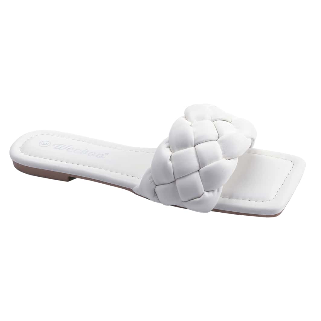 Women's Square Open Toe Slides Braided Woven Single Band Slip On Flat Sandals PU