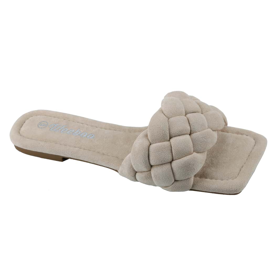 Women's Square Open Toe Slides Braided Woven Single Band Slip On Flat Sandals Suede