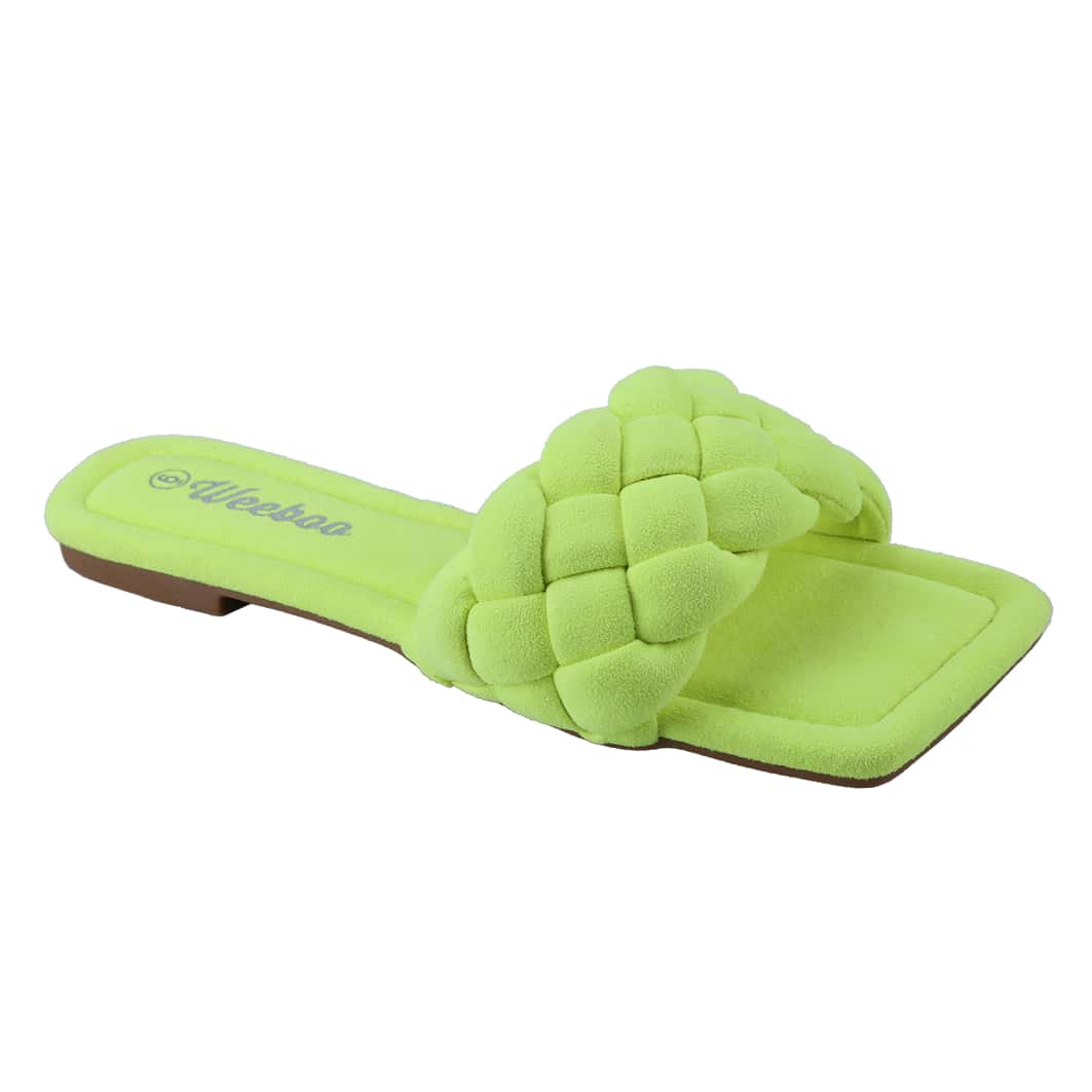 Women's Square Open Toe Slides Braided Woven Single Band Slip On Flat Sandals Suede