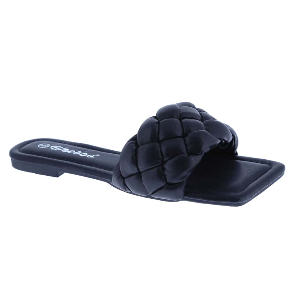 Women's Square Open Toe Slides Braided Woven Single Band Slip On Flat Sandals PU