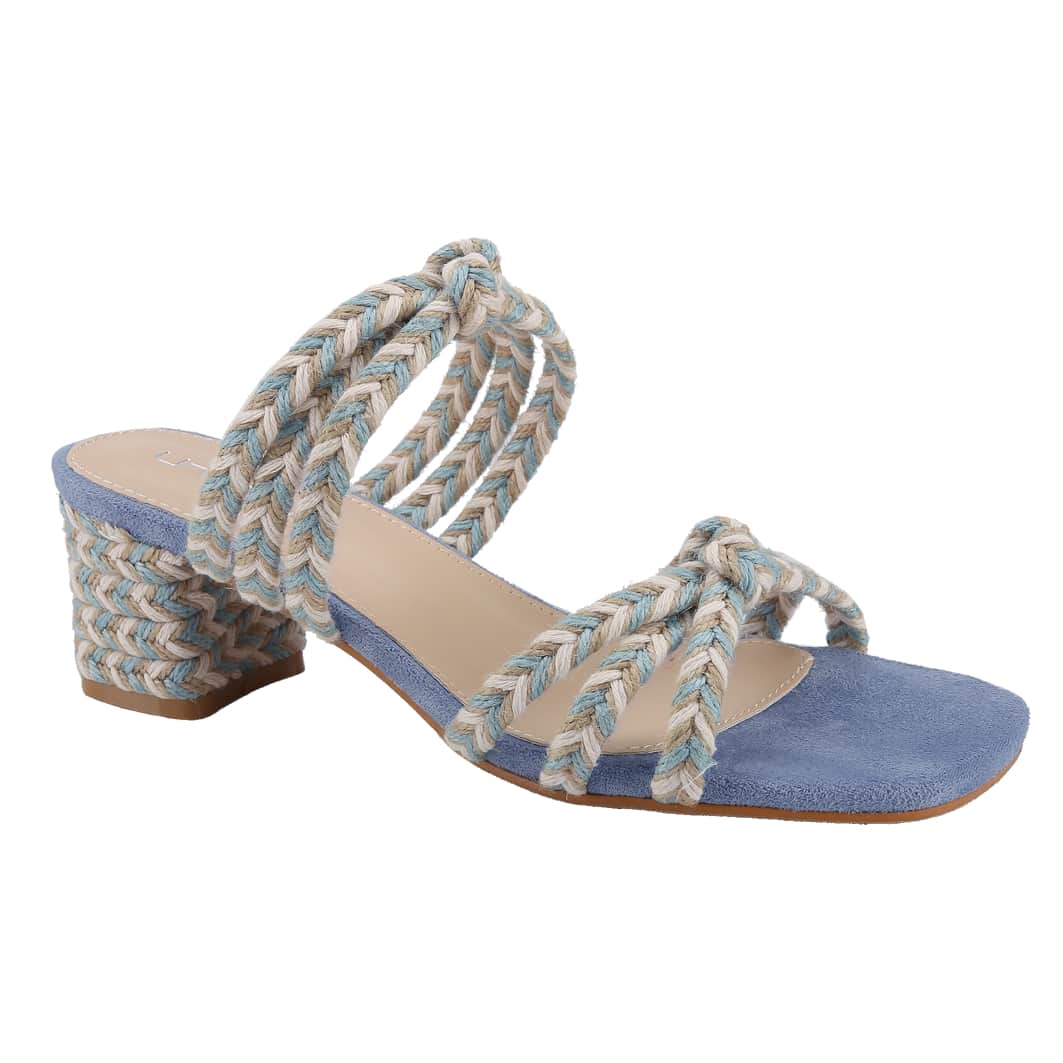 Women's Slip On Square Toe Chunky Heels Sandals, Straw Heel Braided Upper