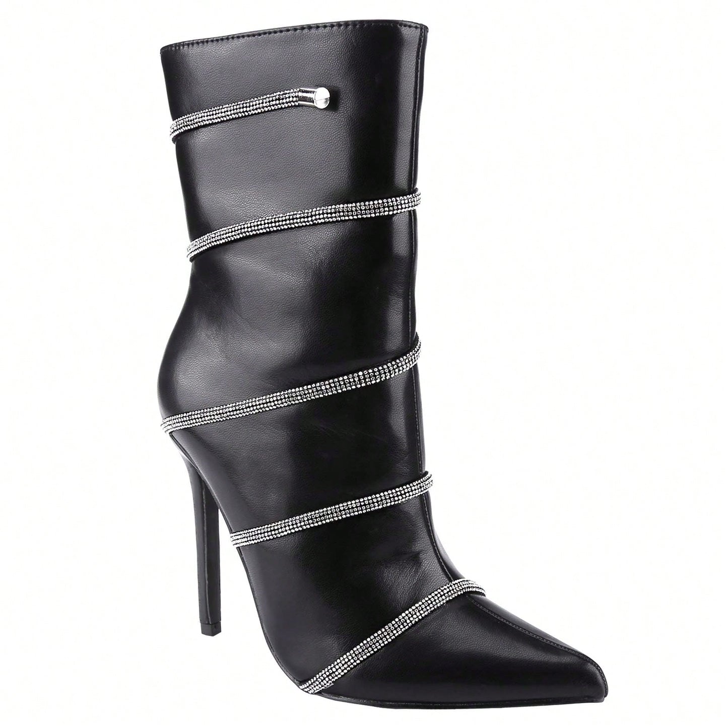 Women's Stiletto Ankle Boots Sexy Pointed Toe Crystal Straps Embellished Booties Slip-On High Heels Boots
