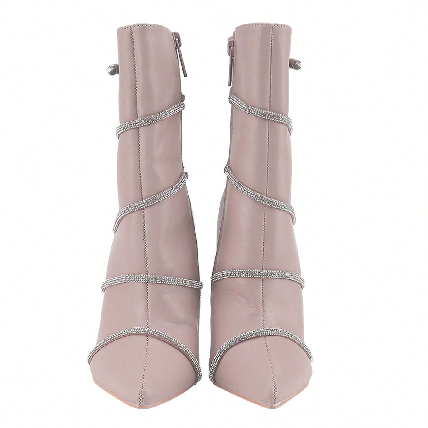 Women's Stiletto Ankle Boots Sexy Pointed Toe Crystal Straps Embellished Booties Slip-On High Heels Boots