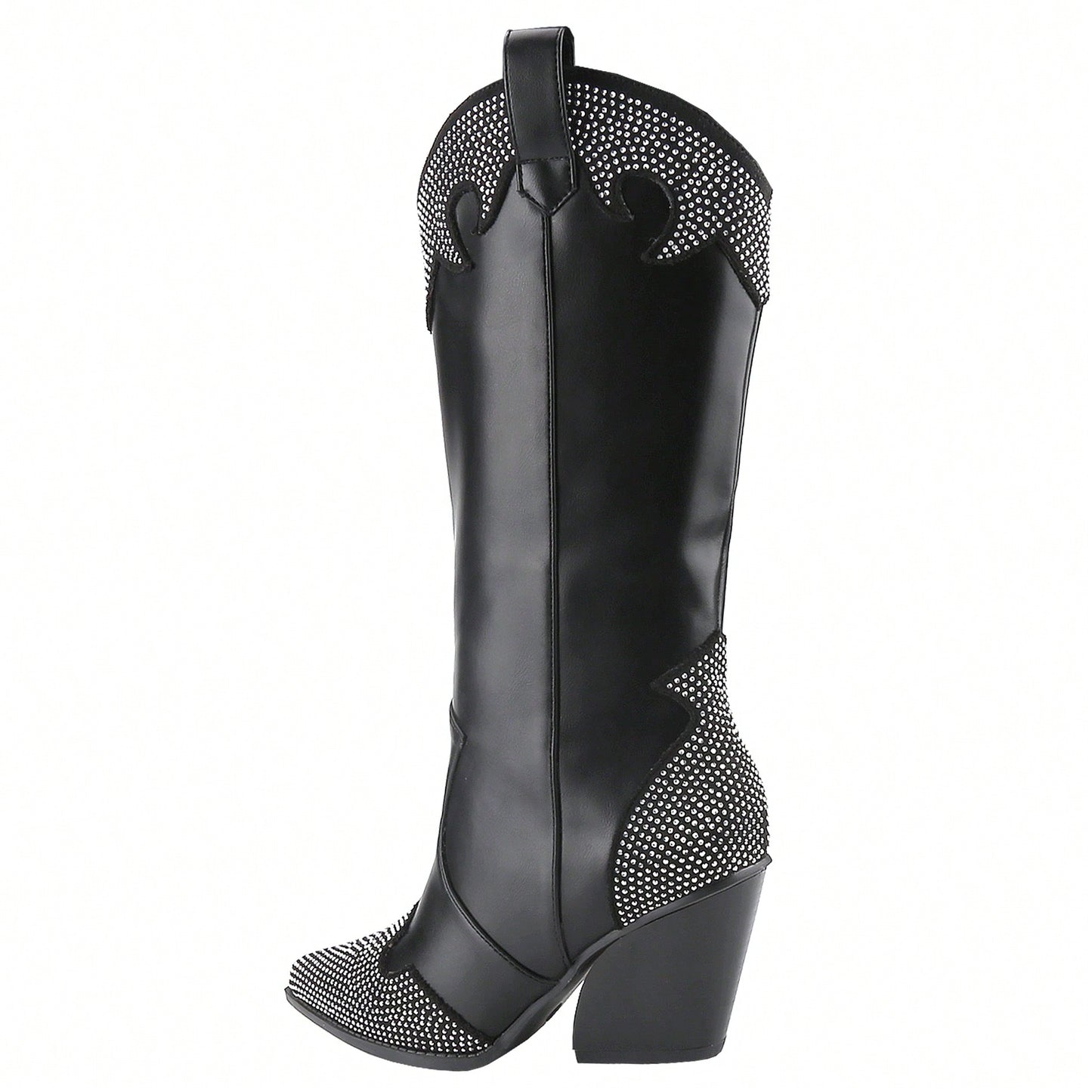 Women's Rhinestone Boots Western Pointed Toe Fashion Cowgirl Boots 5cm Chunky Stacked Heel Pull On Boots For Ladies