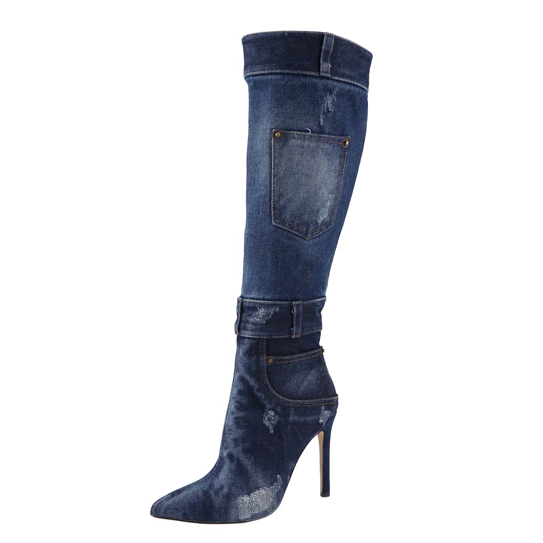 Women's Denim Thigh High Stiletto Heel Boots Pointy Toe Knee High Boot