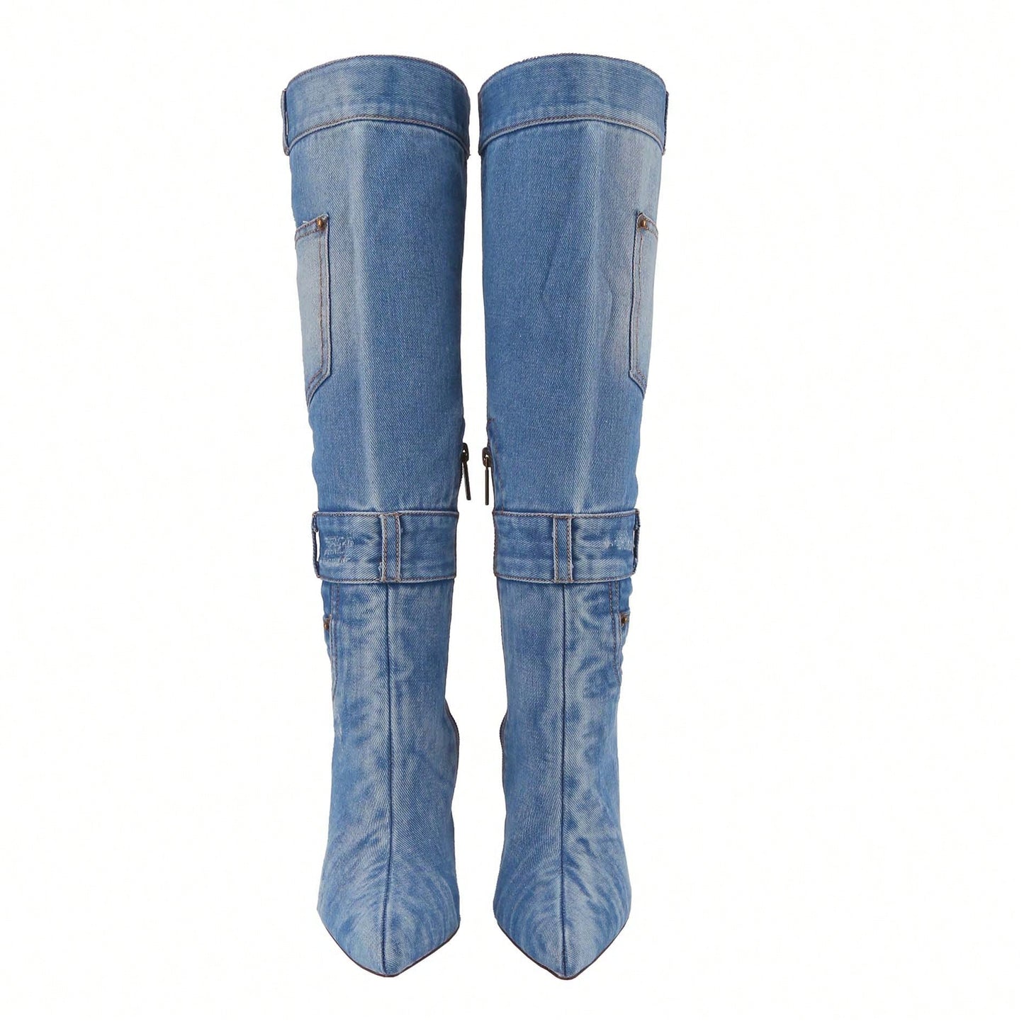 Women's Denim Thigh High Stiletto Heel Boots Pointy Toe Knee High Boot