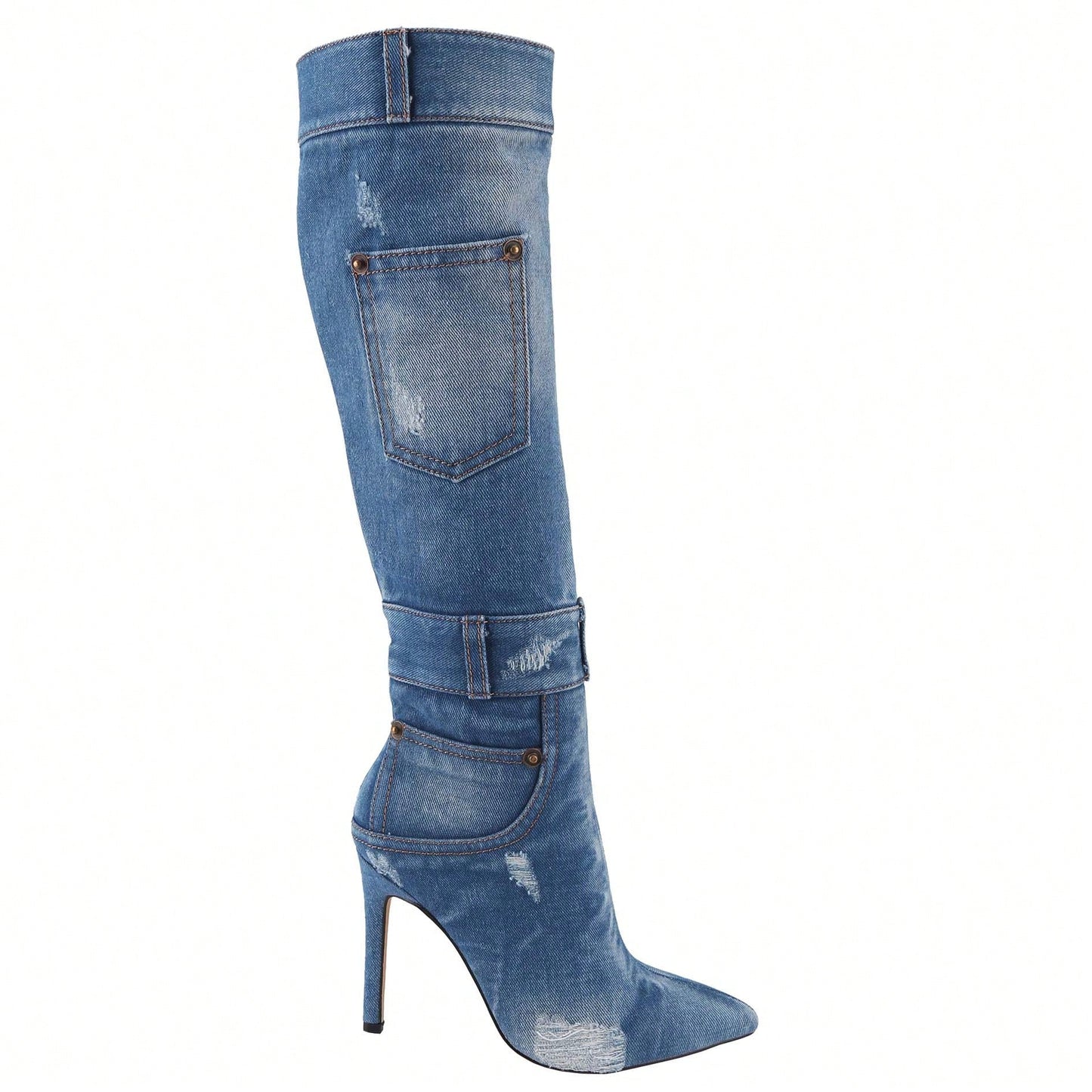 Women's Denim Thigh High Stiletto Heel Boots Pointy Toe Knee High Boot