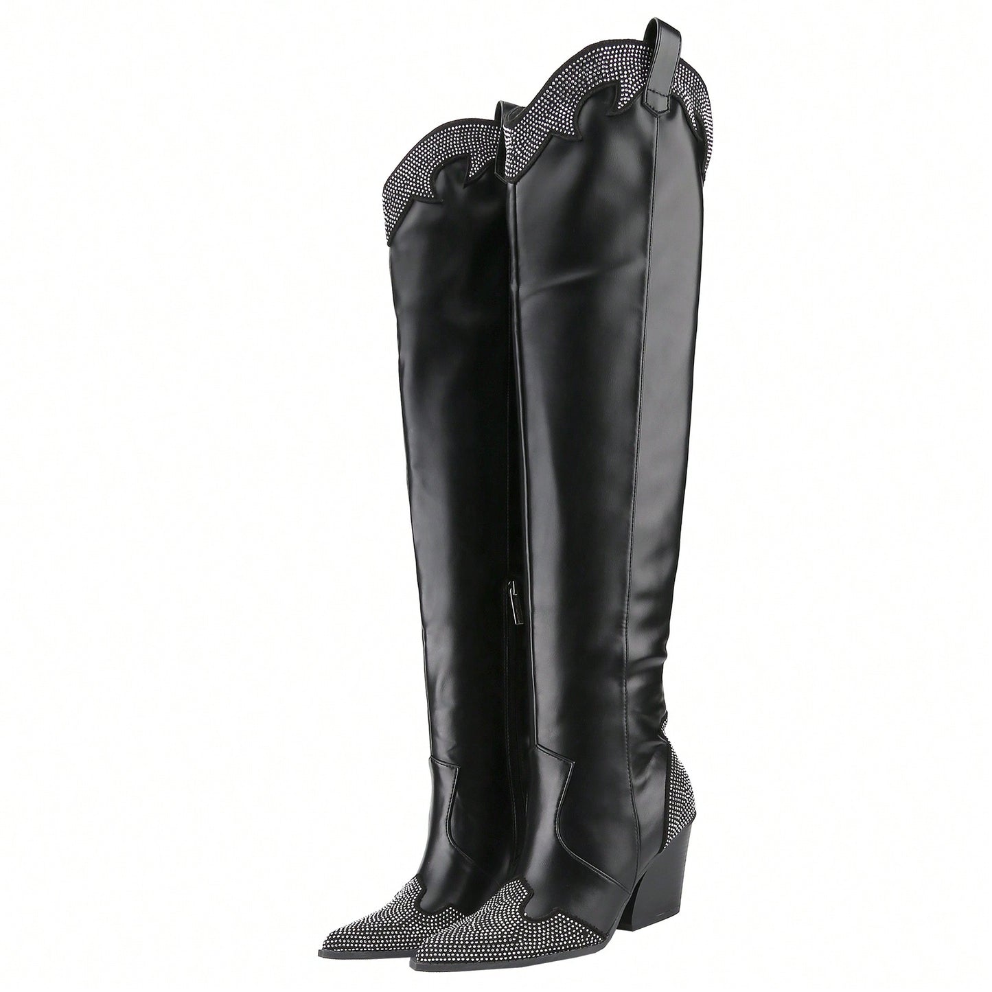 Women's Rhinestone Cowboy Boots Western Cowgirl Boots Chunky Heel Pointed Toe Pull-On Over The Knee High Boots