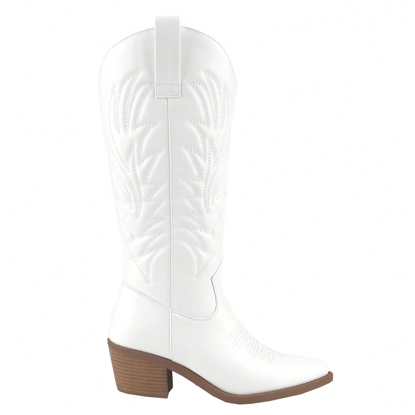 Women's Cowboy Western Cowgirl Boots Embroidered Stitching Point-Toe Boot Fashion Retro Block Heel Pull-On Wide-Calf Boots