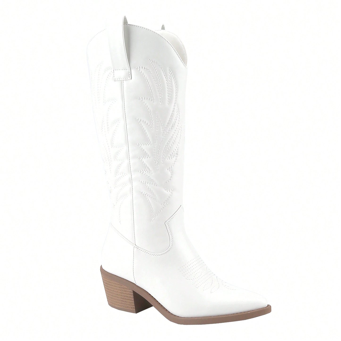 Women's Cowboy Western Cowgirl Boots Embroidered Stitching Point-Toe Boot Fashion Retro Block Heel Pull-On Wide-Calf Boots