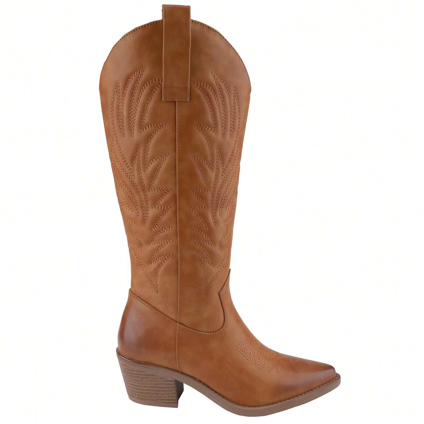 Women's Cowboy Western Cowgirl Boots Embroidered Stitching Point-Toe Boot Fashion Retro Block Heel Pull-On Wide-Calf Boots