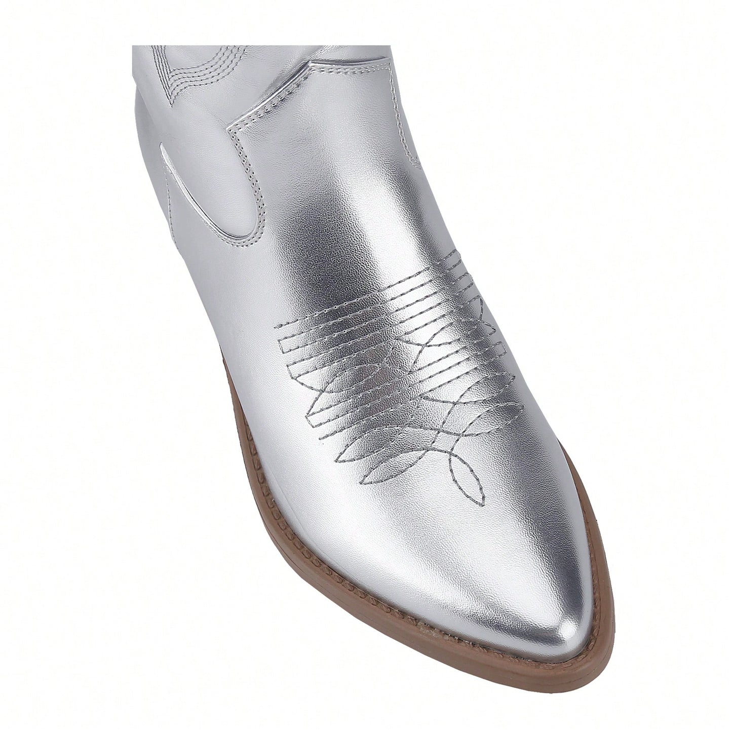 Women's Embroidered Western Cowboy Boots Mid Calf Pointed Toe Chunky Heel Shiny Vintage Fashion Knee Boots