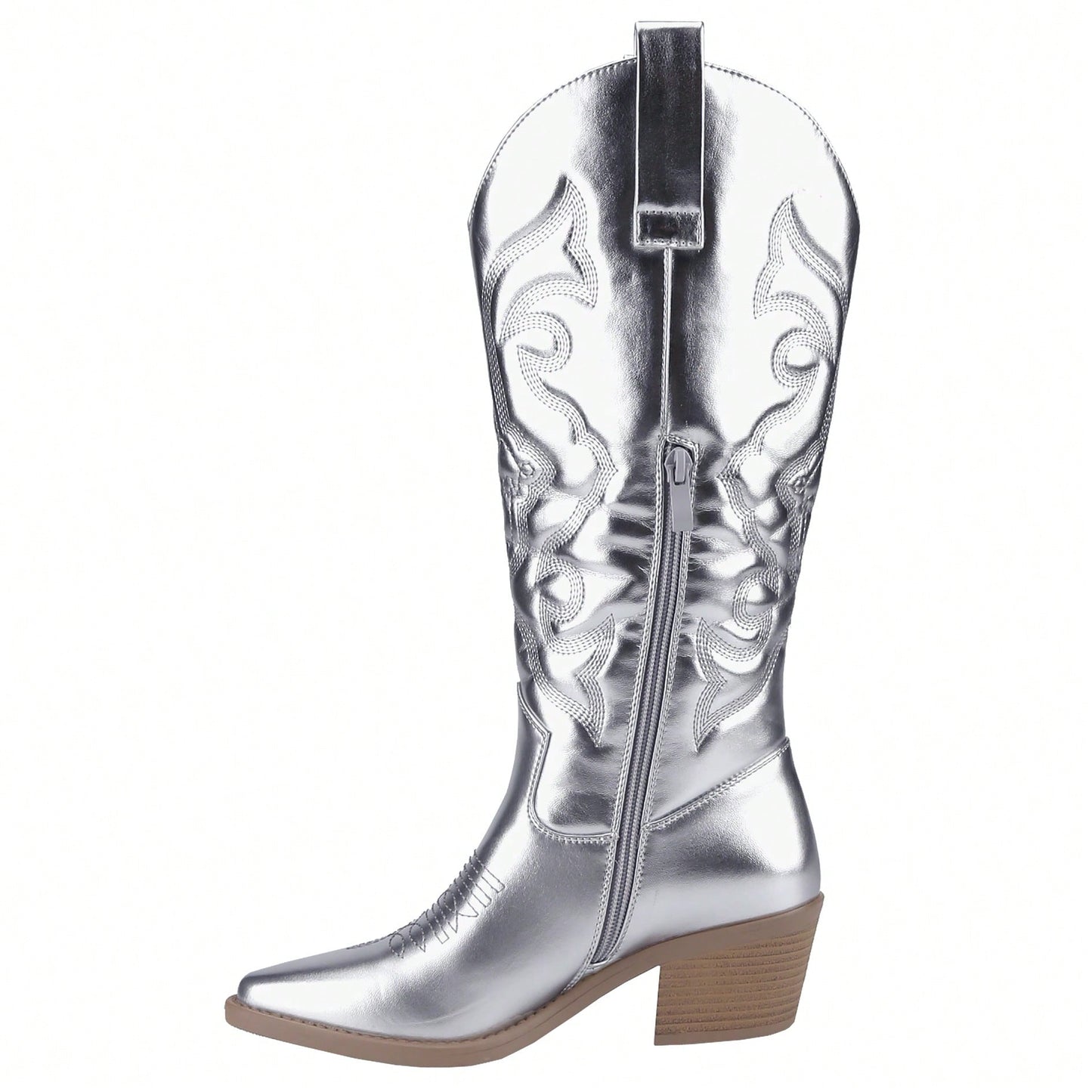 Women's Embroidered Western Cowboy Boots Mid Calf Pointed Toe Chunky Heel Shiny Vintage Fashion Knee Boots
