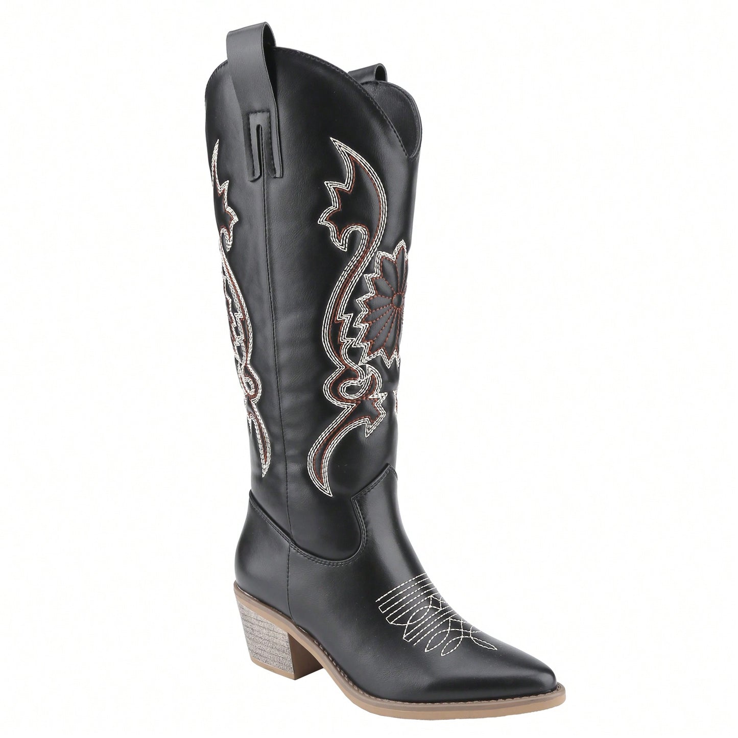 Women Retro Western Wide Calf Embroidered Cowgirl Boots With Chunky Heel