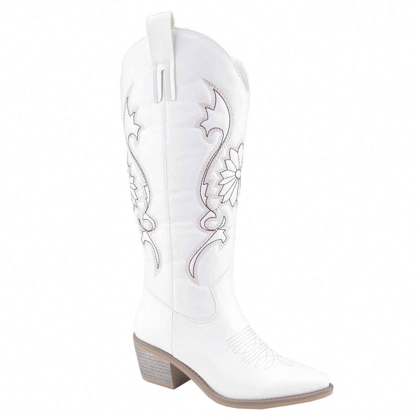 Women Retro Western Wide Calf Embroidered Cowgirl Boots With Chunky Heel