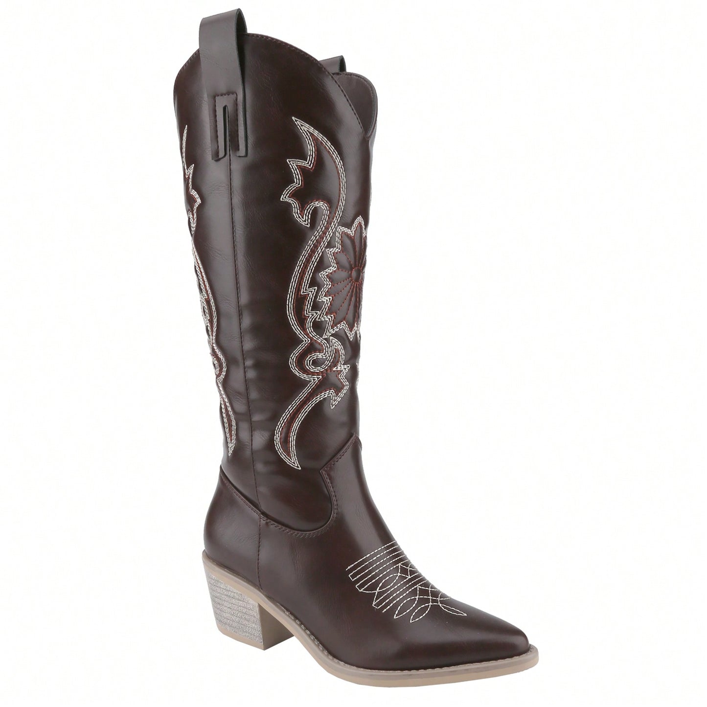 Women Retro Western Wide Calf Embroidered Cowgirl Boots With Chunky Heel