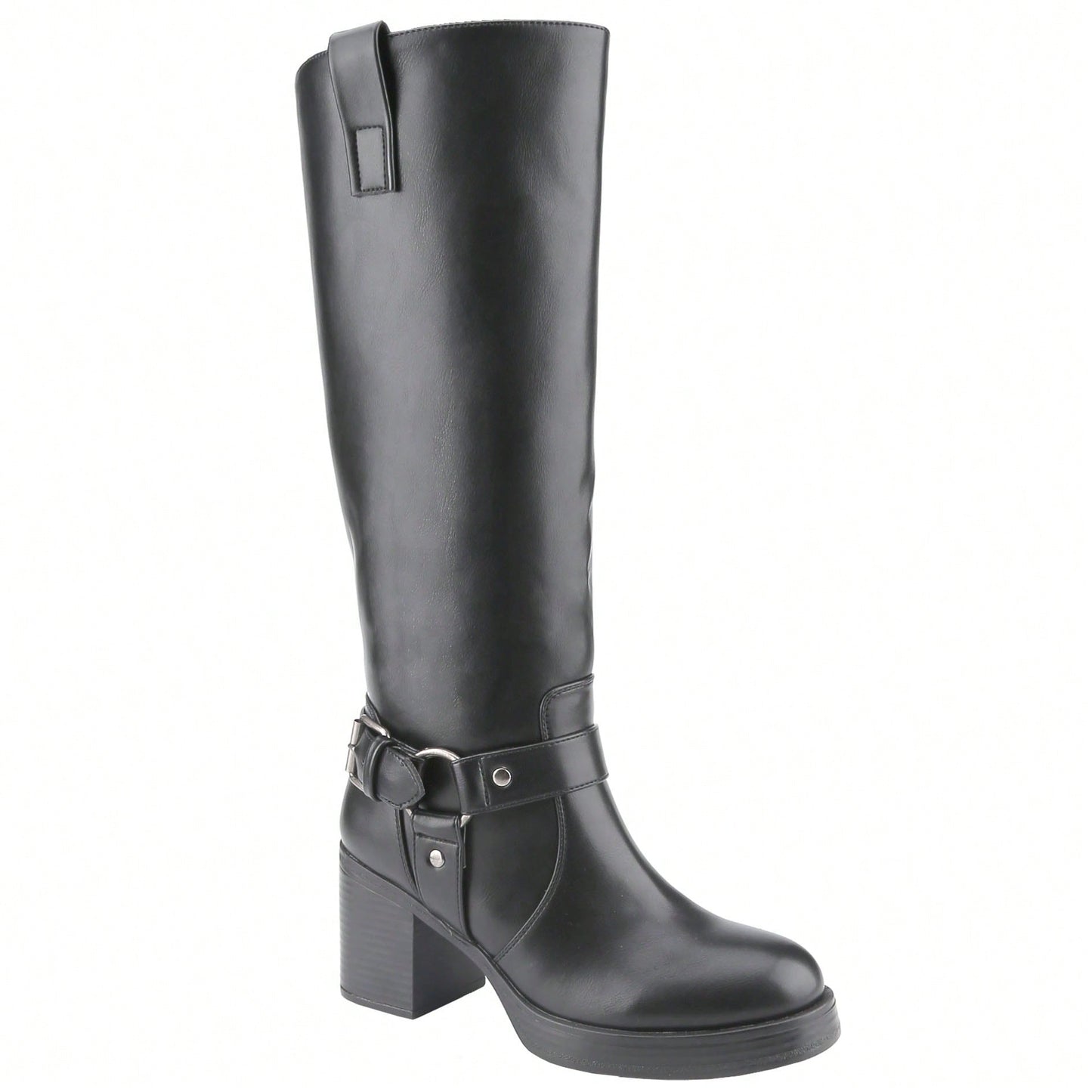 Women Knee-High Harness Buckle Studded Strap Chunky High Heel Boots