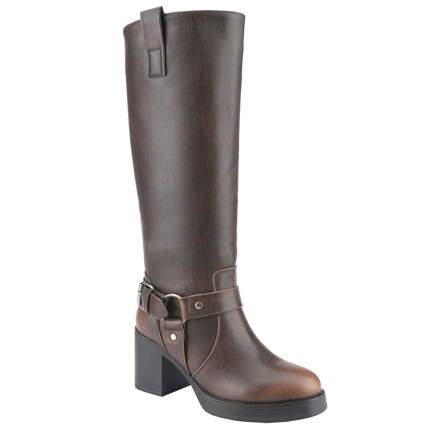 Women Knee-High Harness Buckle Studded Strap Chunky High Heel Boots