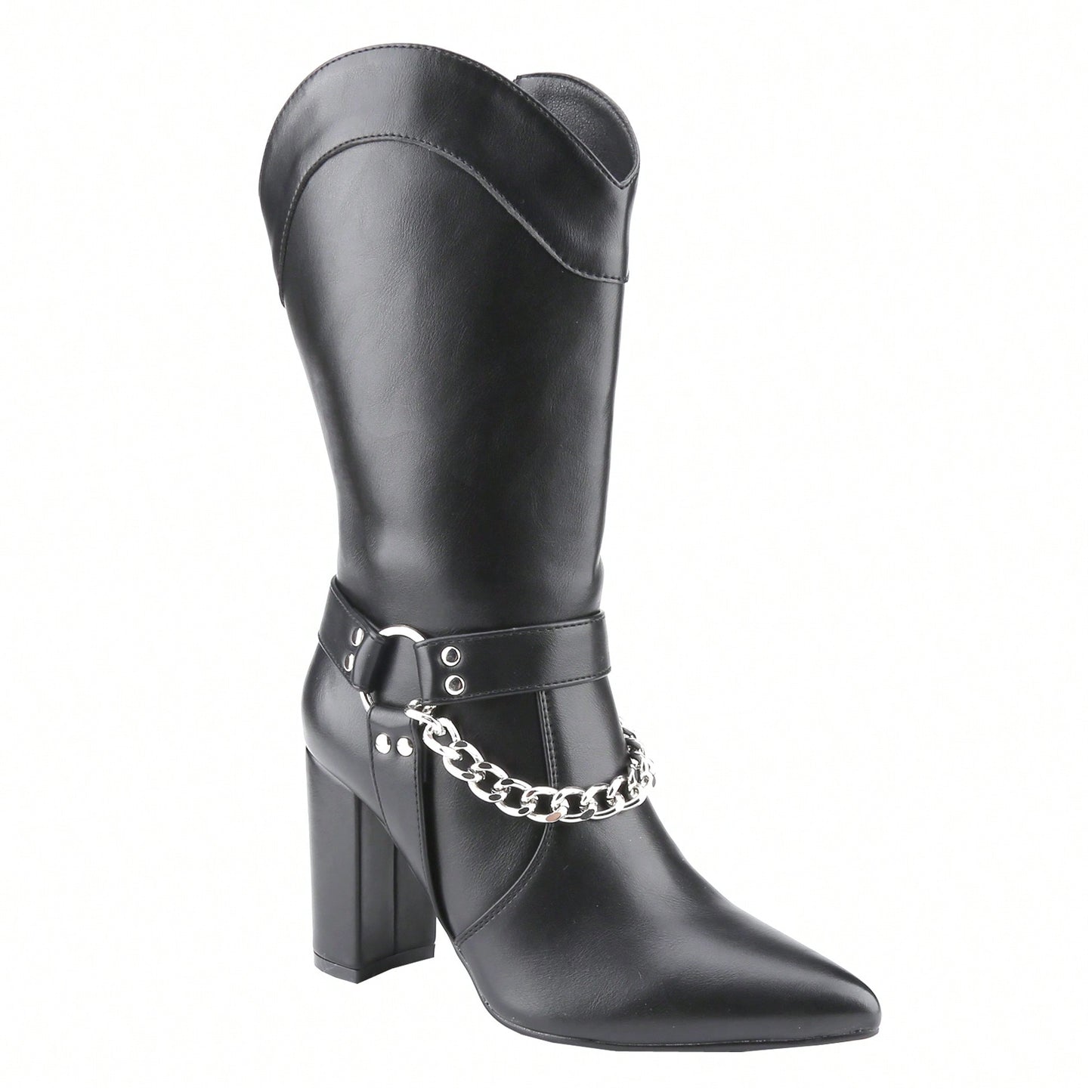 WOMEN BLOCK HIGH HEEL KNEE HIGH BOOTS MID-CALF BUCKLE STRAP POINTED TOE SHOES SHINY VINTAGE FASHION