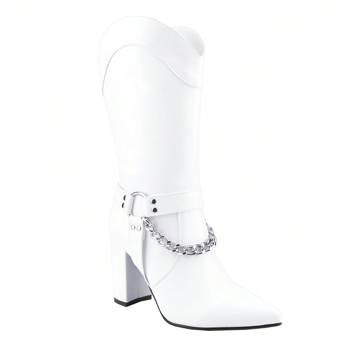 WOMEN BLOCK HIGH HEEL KNEE HIGH BOOTS MID-CALF BUCKLE STRAP POINTED TOE SHOES SHINY VINTAGE FASHION