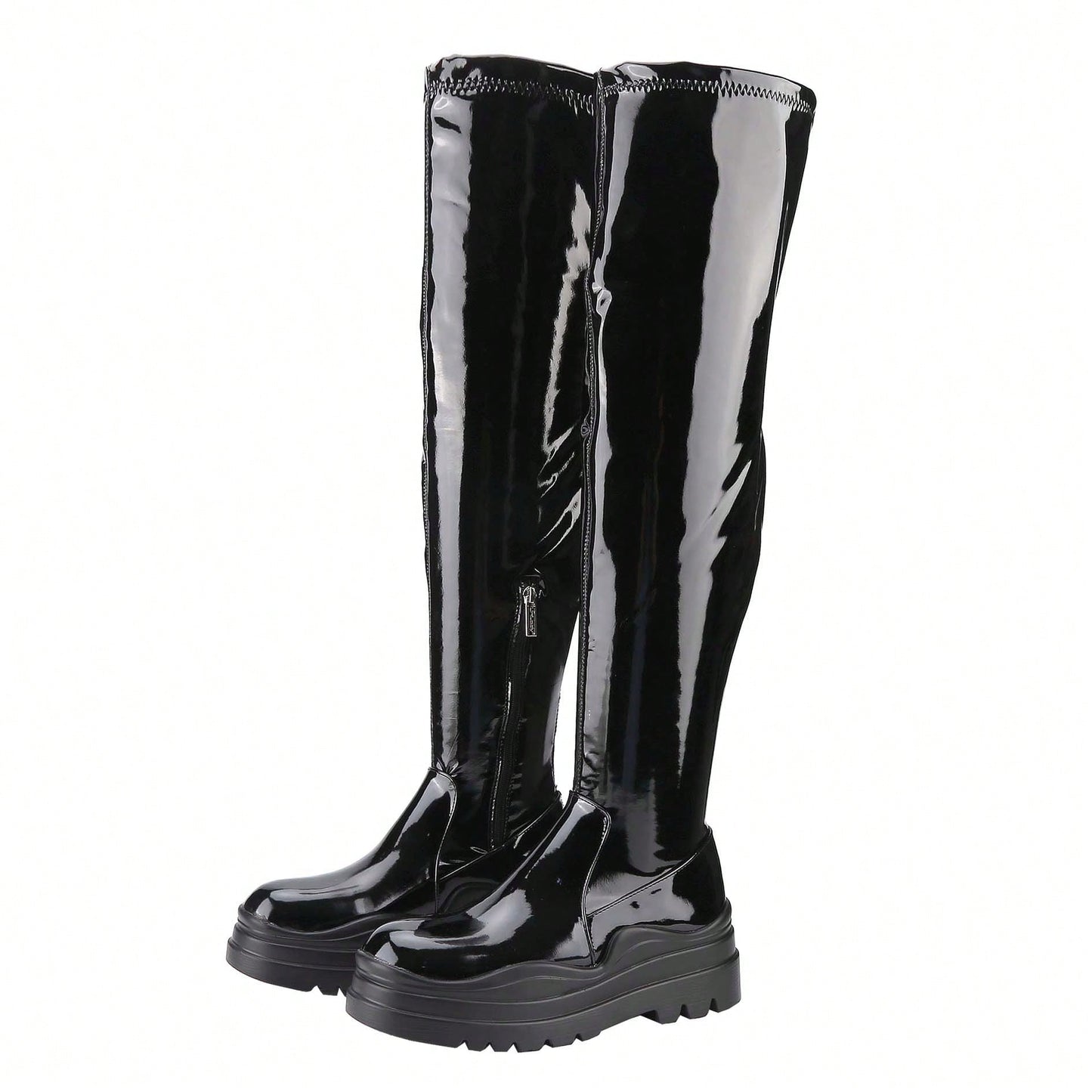 Women's Thigh High Boots Patent Leather PU Heeled Over The Knee High Boots Sexy Round Toe Platform Boots