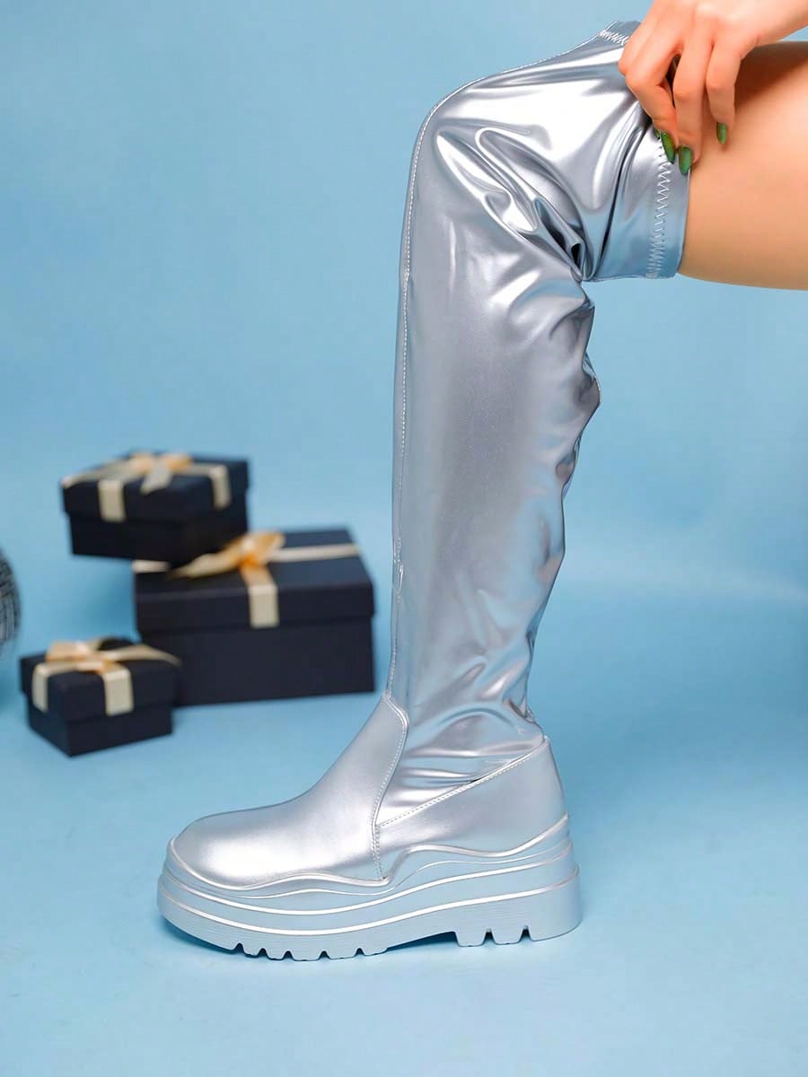 Women's Thigh High Boots Patent Leather PU Heeled Over The Knee High Boots Sexy Round Toe Platform Boots