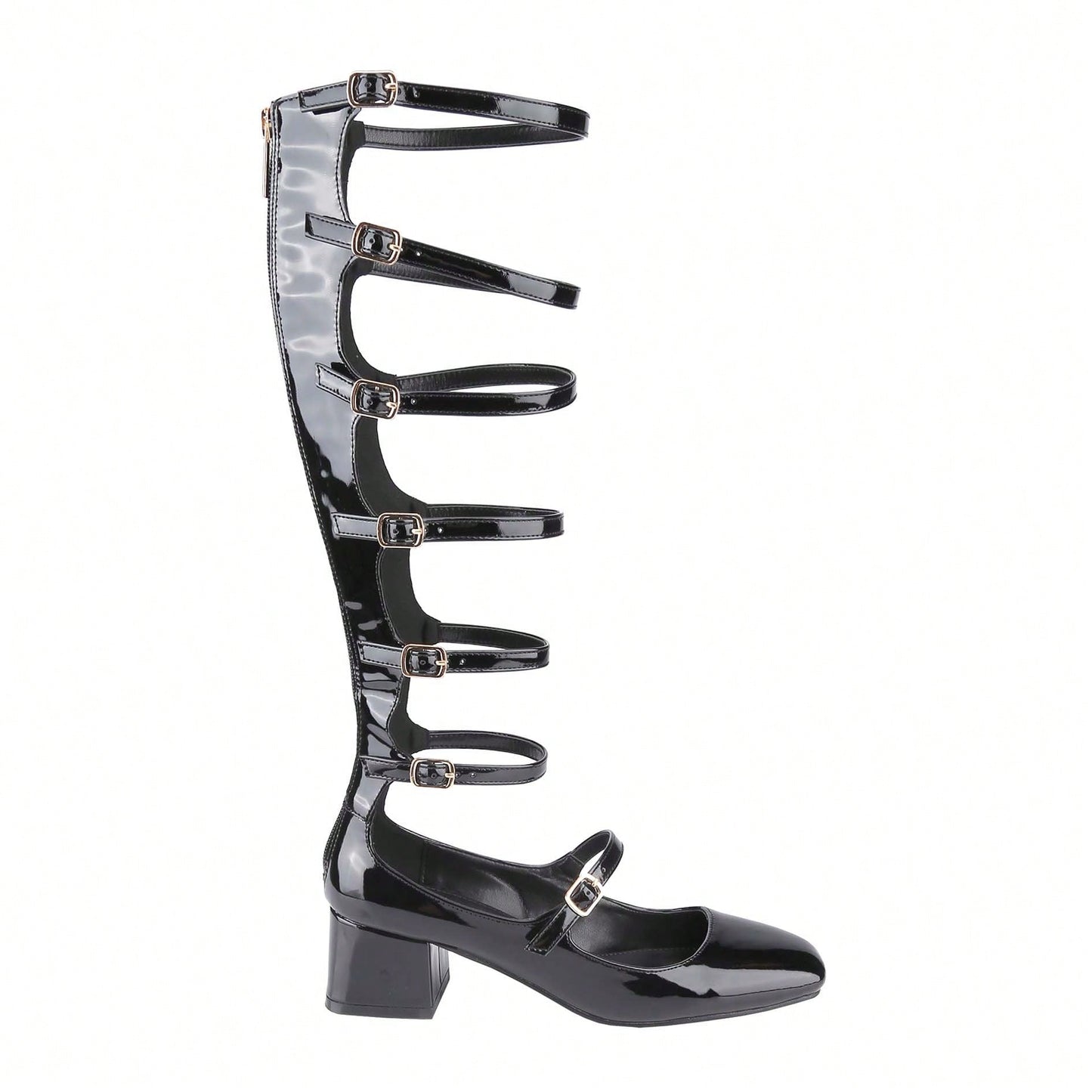 Women's Fashion Mary Janes,Closed Square Toe, Mid-Calf Strappy Gladiator, Low Block Heel