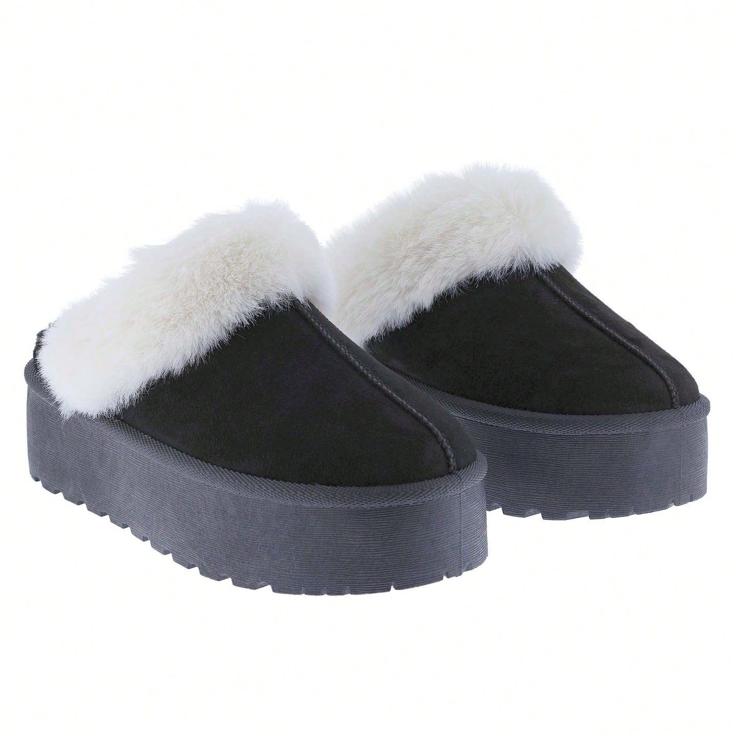 Women's Faux Fur Slip-On Platform Winter Mules Fluffy Suede Comfort Slippers