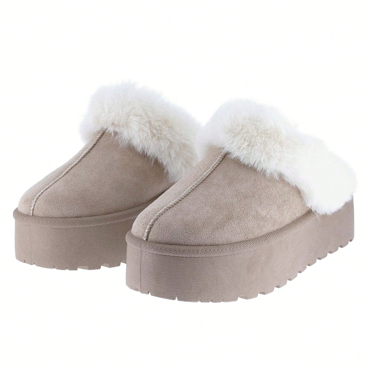 Women's Faux Fur Slip-On Platform Winter Mules Fluffy Suede Comfort Slippers