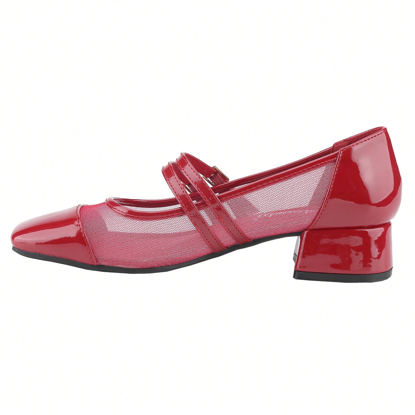 Mesh Double Strap Mid Heel Faux Patent Leather Women Shoes Mary Jane