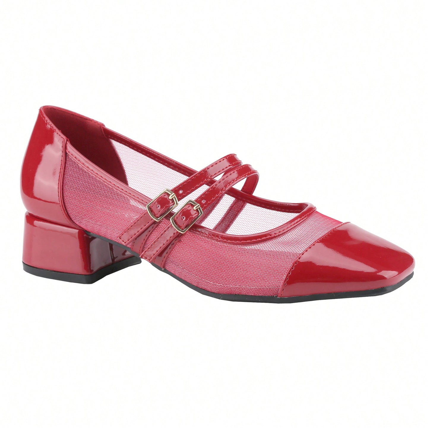 Mesh Double Strap Mid Heel Faux Patent Leather Women Shoes Mary Jane