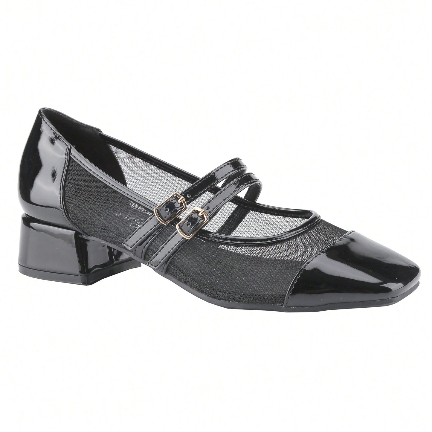 Mesh Double Strap Mid Heel Faux Patent Leather Women Shoes Mary Jane
