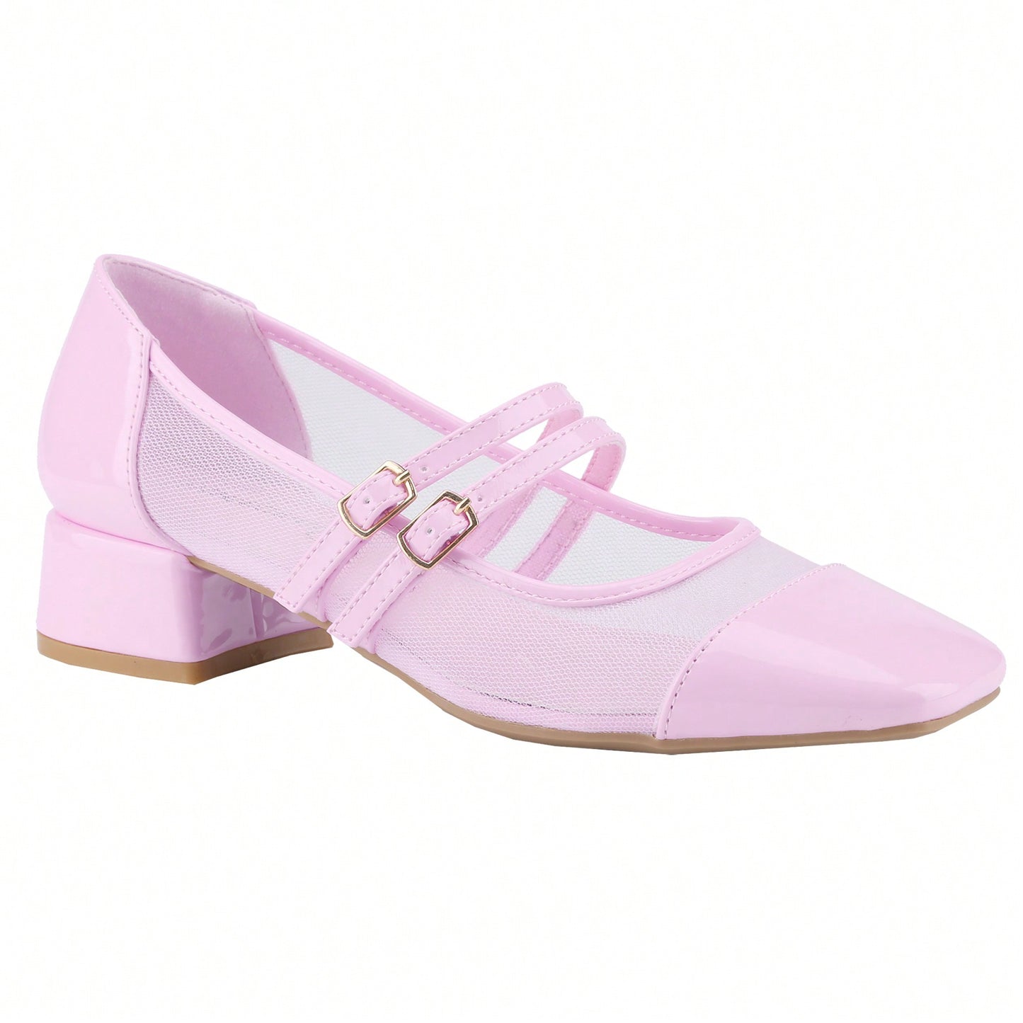 Mesh Double Strap Mid Heel Faux Patent Leather Women Shoes Mary Jane