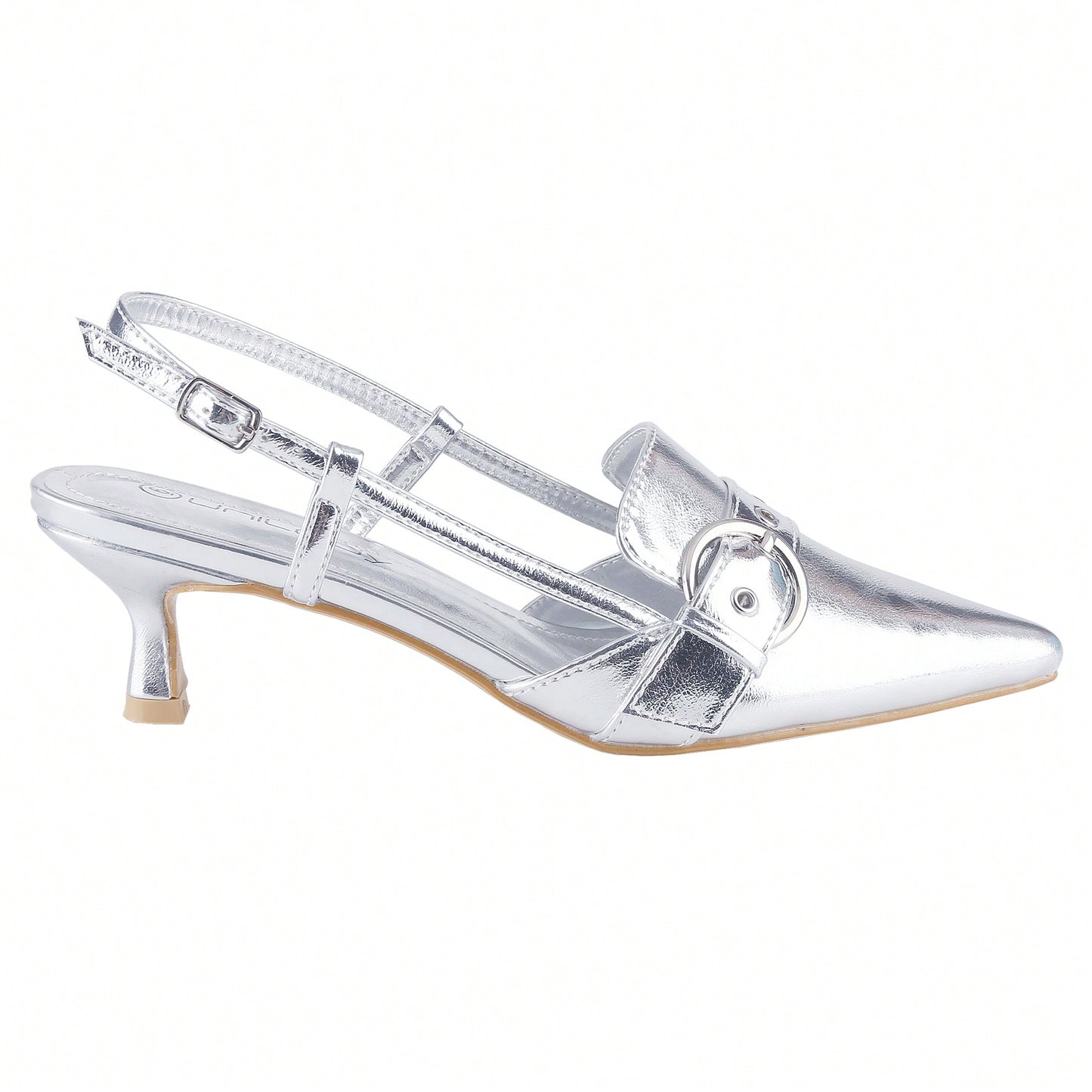 Women's Slingback Buckle Strap Upper Pointed Toe Kitten Heel