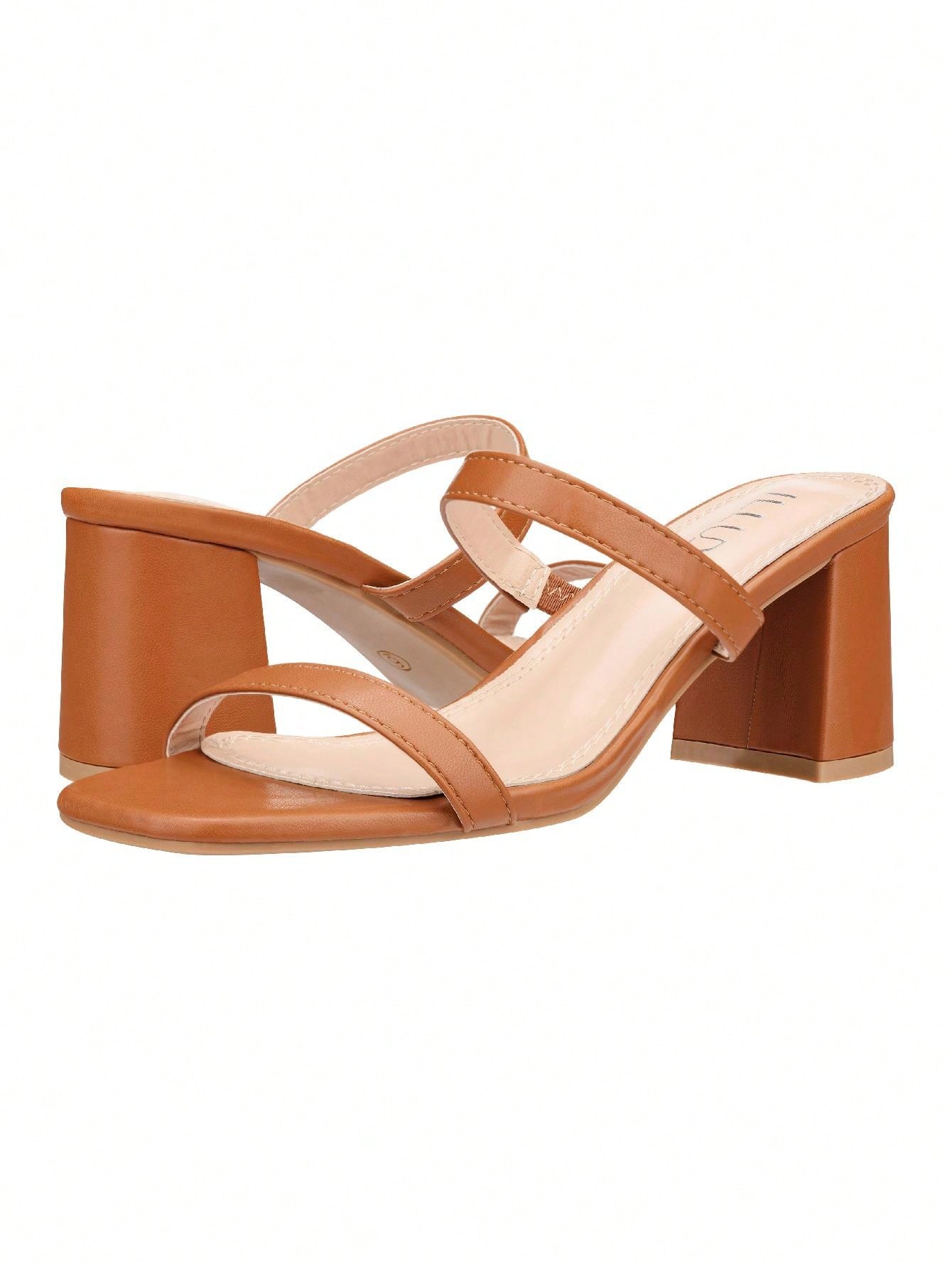 Women's Minimalist Chunky Heeled Mule Sandals Fashionable Elegant Summer Heeled Sandals Block Heel Square Toe Heeled Sandal PU