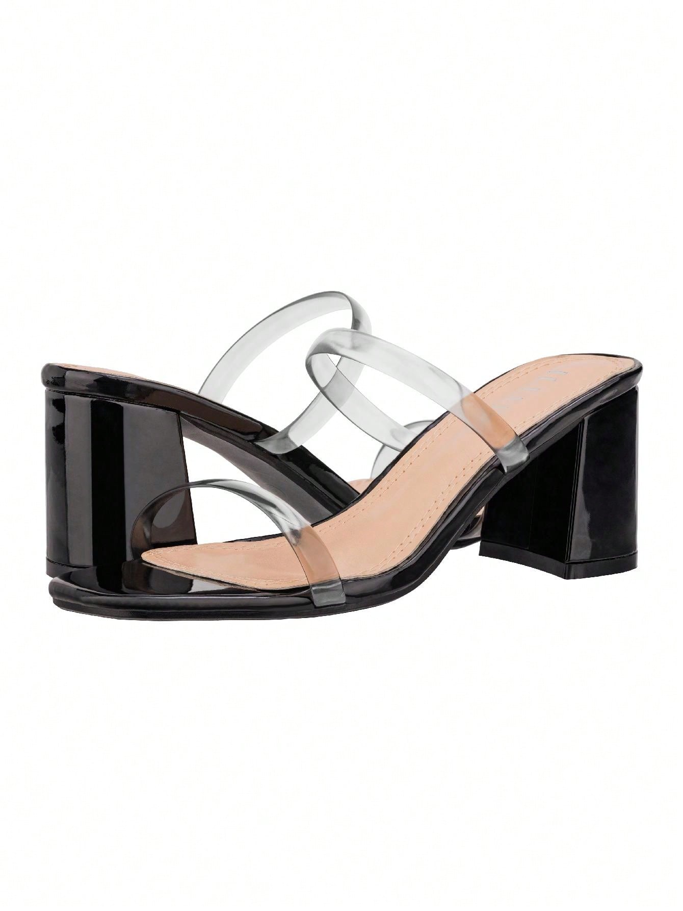 Women's Minimalist Chunky Heeled Mule Sandals Fashionable Elegant Summer Heeled Sandals Block Heel Square Toe Heeled Sandal PU