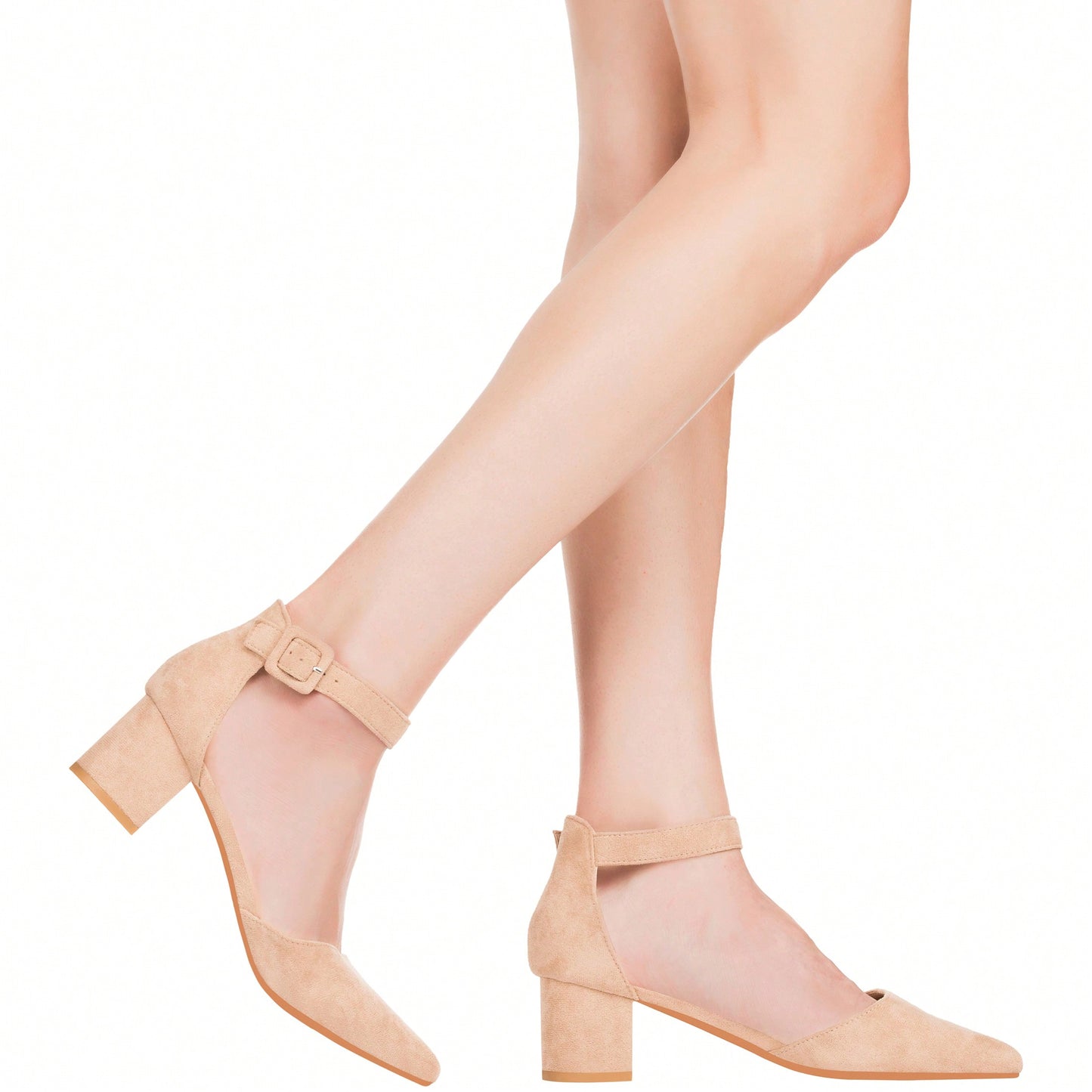 Women Point Toe Chunky Heeled Ankle Strap Pumps Fashionable Pointed Toe Ankle Strap Stiletto Heels Elegant Pumps Suede