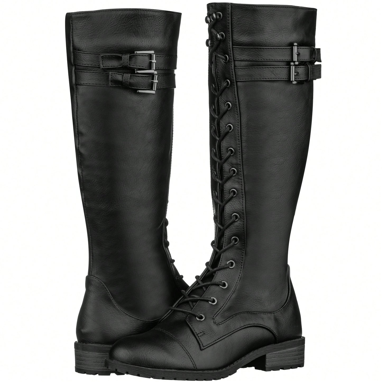 Women's Knee High Riding Boot Lace Up Boot Fashionable Buckle Wide Calf Knee High Combat Boot