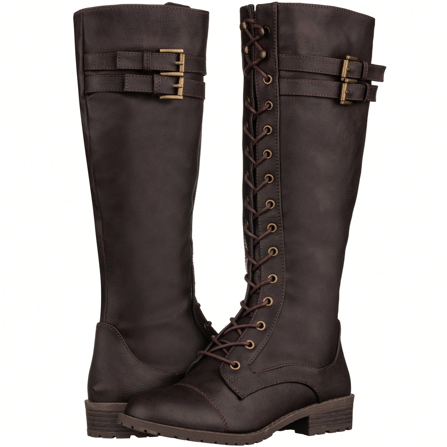 Women's Knee High Riding Boot Lace Up Boot Fashionable Buckle Wide Calf Knee High Combat Boot