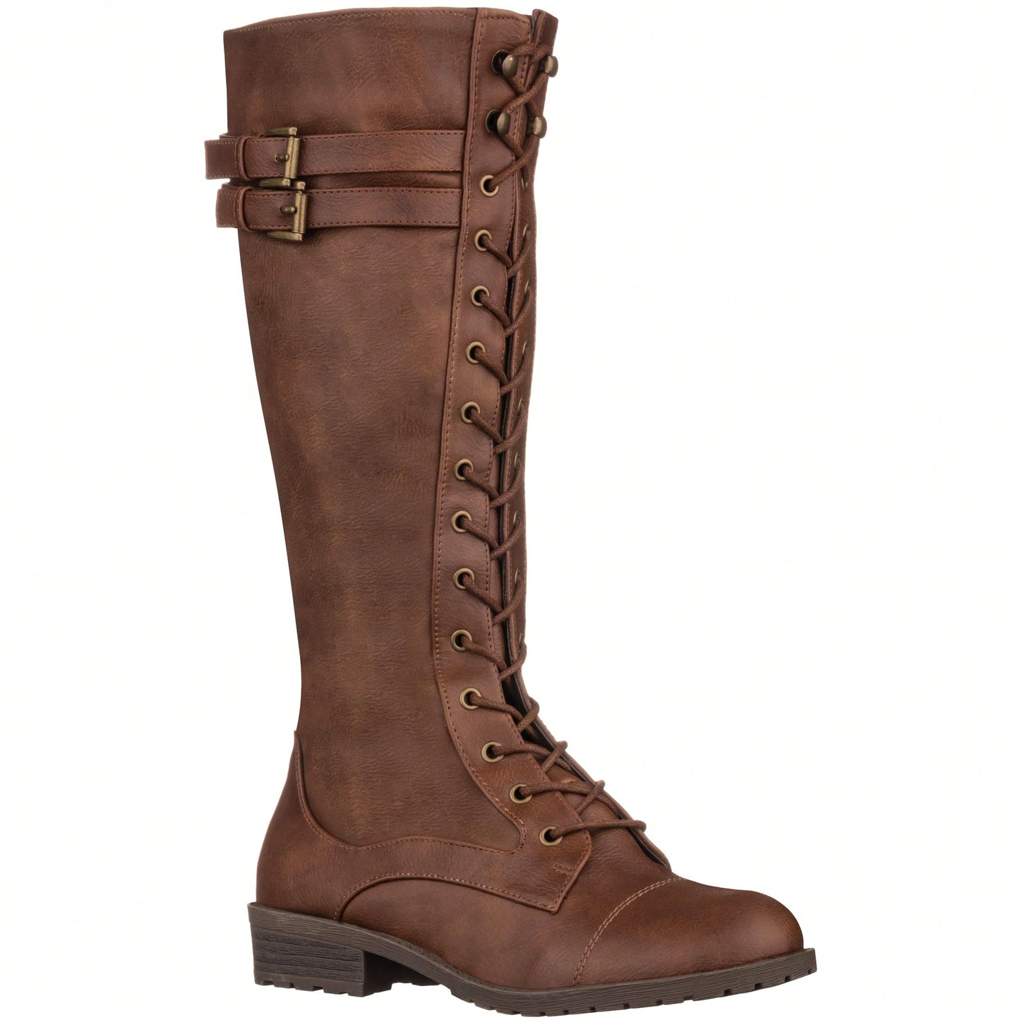 Women's Knee High Riding Boot Lace Up Boot Fashionable Buckle Wide Calf Knee High Combat Boot