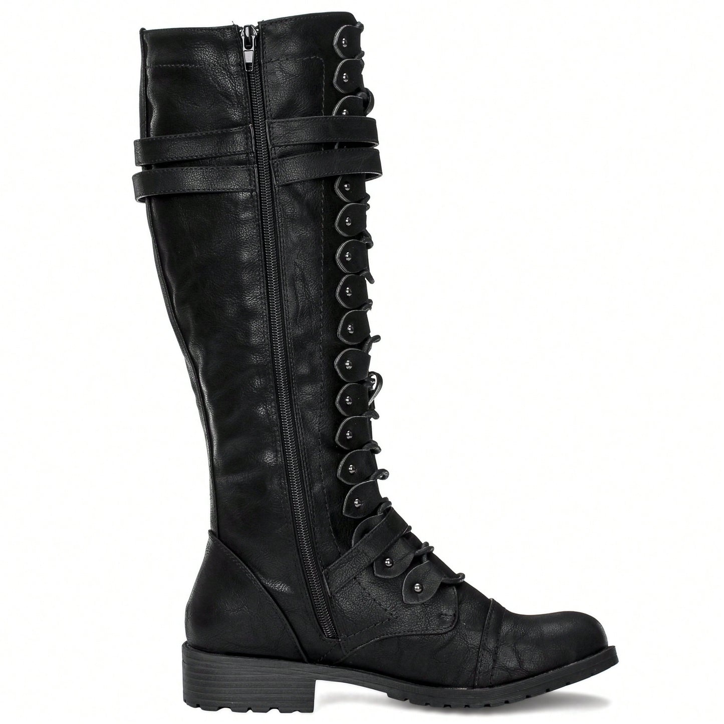 Women's Knee High Riding Boot Lace Up Boot Fashionable Buckle Wide Calf Knee High Boots Combat Boot