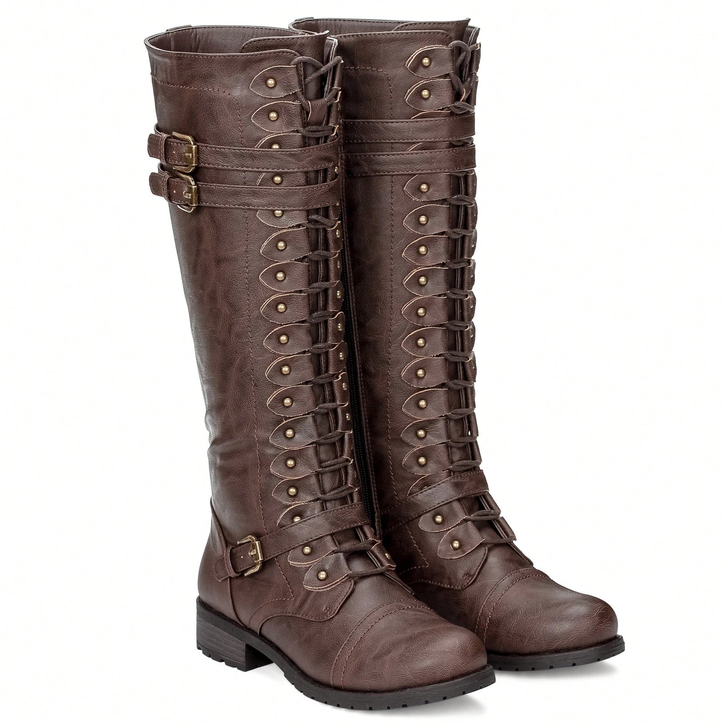 Women's Knee High Riding Boot Lace Up Boot Fashionable Buckle Wide Calf Knee High Boots Combat Boot
