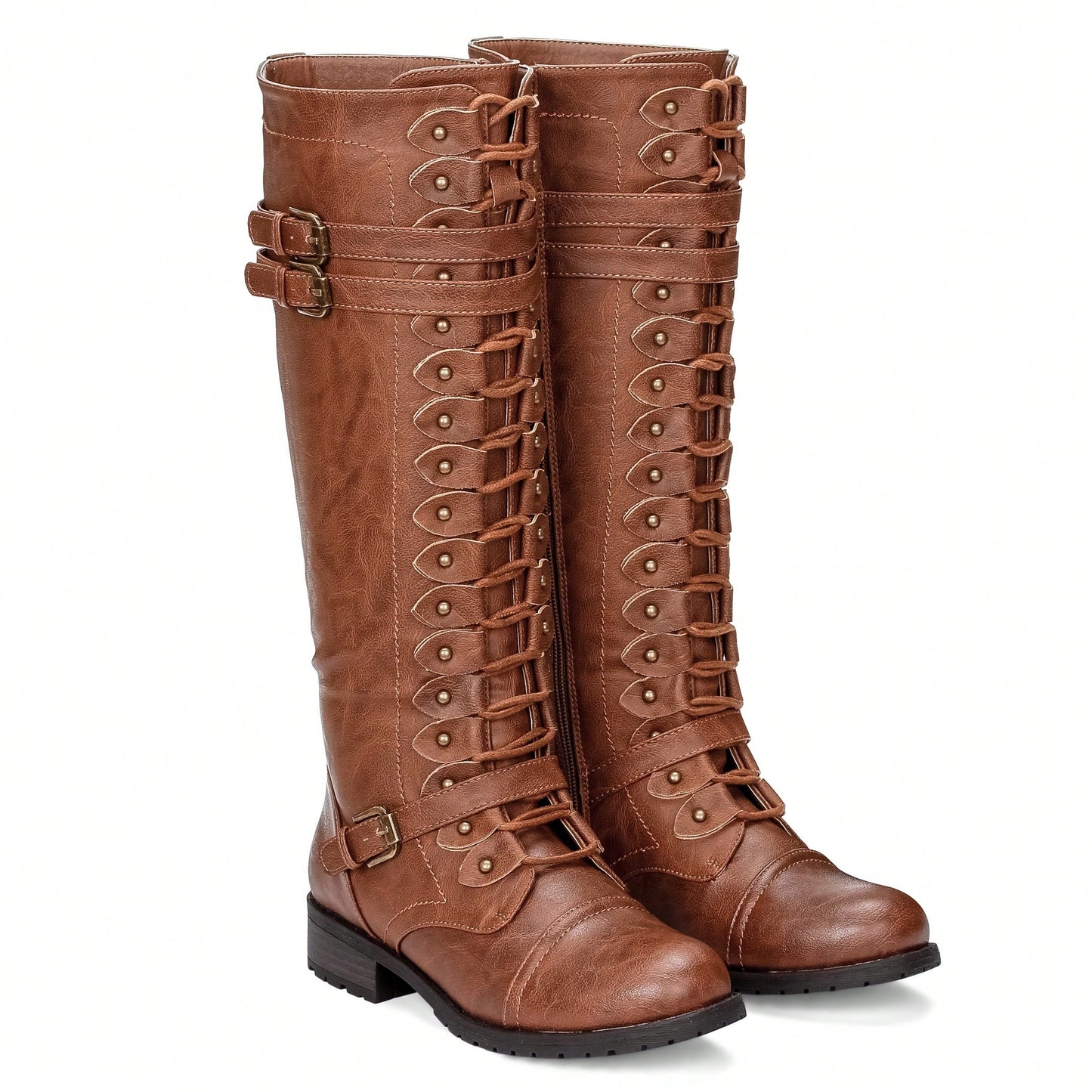 Women's Knee High Riding Boot Lace Up Boot Fashionable Buckle Wide Calf Knee High Boots Combat Boot