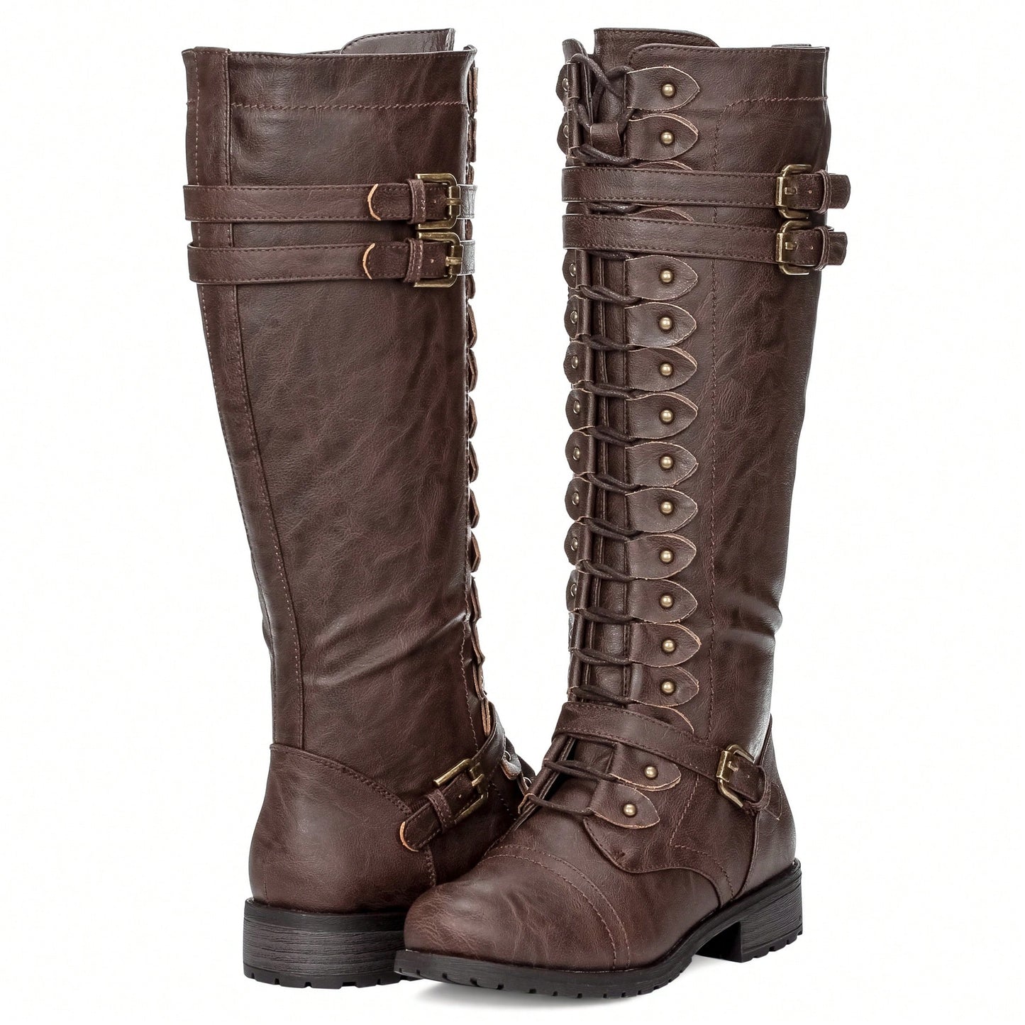Women's Knee High Riding Boot Lace Up Boot Fashionable Buckle Wide Calf Knee High Boots Combat Boot