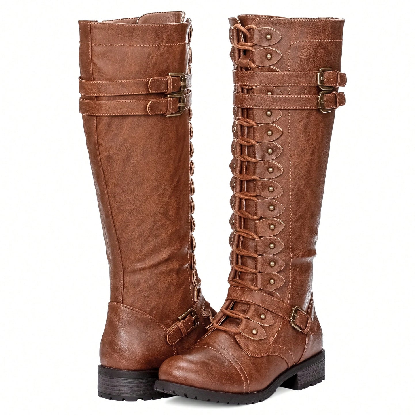 Women's Knee High Riding Boot Lace Up Boot Fashionable Buckle Wide Calf Knee High Boots Combat Boot