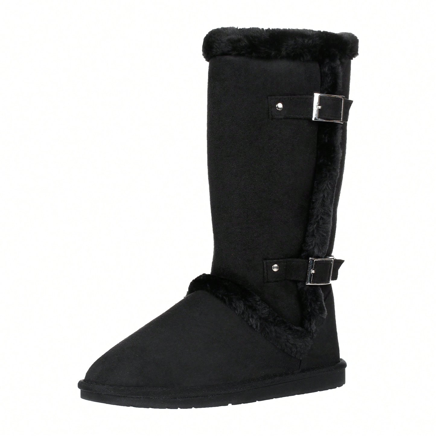 Women's Snow Boots Fleece Lined Solid Color Mid-Calf Flat Snow Boots For Winter Mid Calf Winter Snow Boots With Buckle