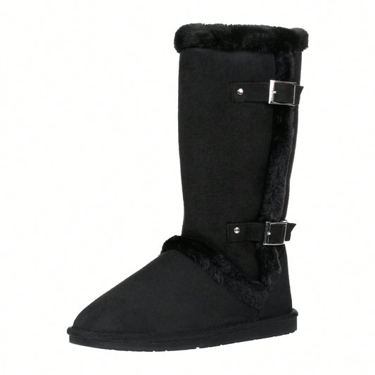Women's Snow Boots Fleece Lined Solid Color Mid-Calf Flat Snow Boots For Winter Mid Calf Winter Snow Boots With Buckle