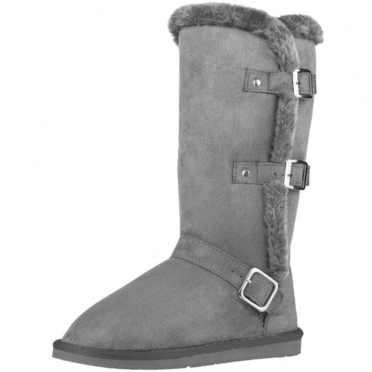 Women's Snow Boots Fleece Lined Solid Color Mid-Calf Flat Snow Boots For Winter Mid Calf Winter Snow Boots With Buckle