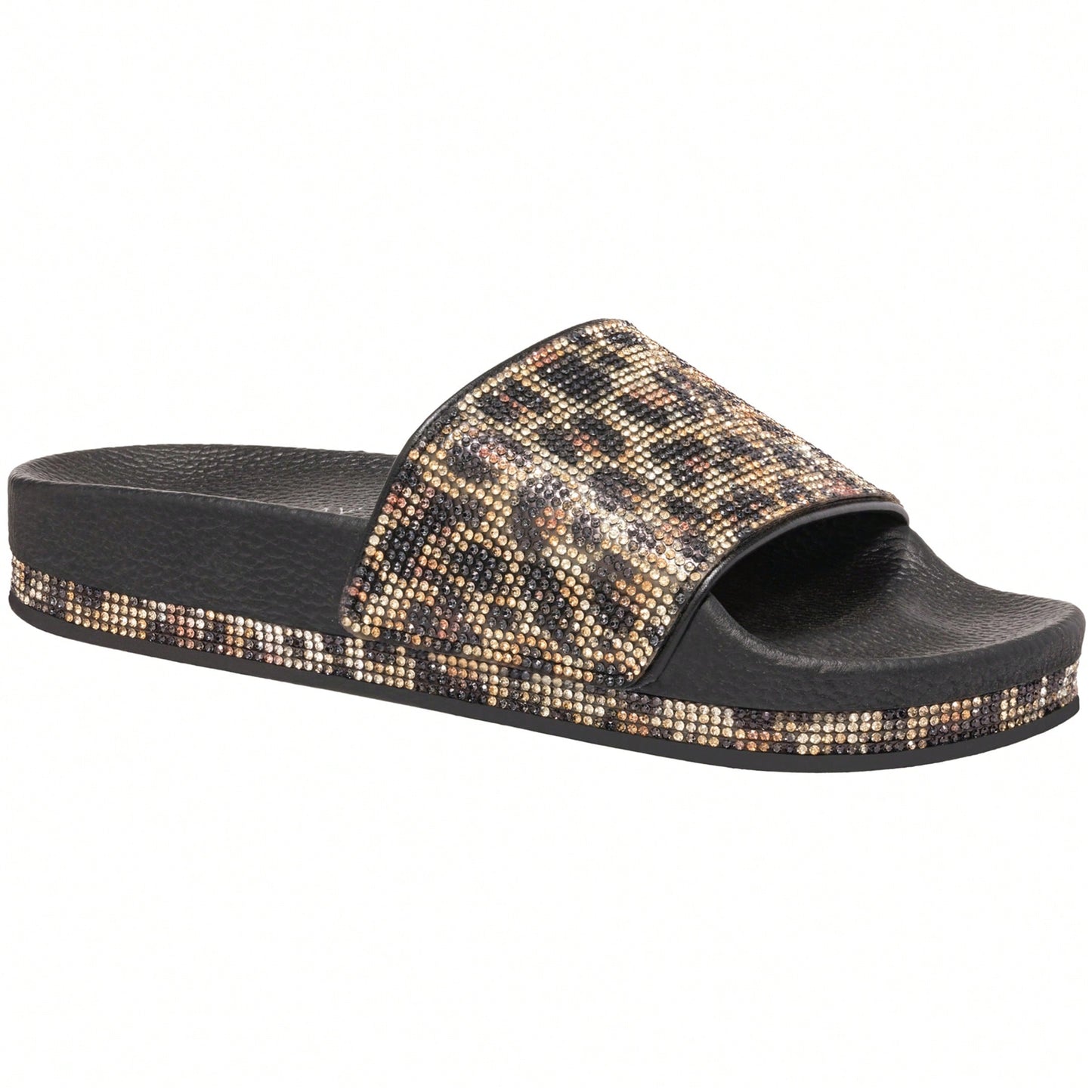 Women Rhinestone Decor Outdoor And Indoor Glamorous Black Flat Slides Rhinestone Slide Sandals